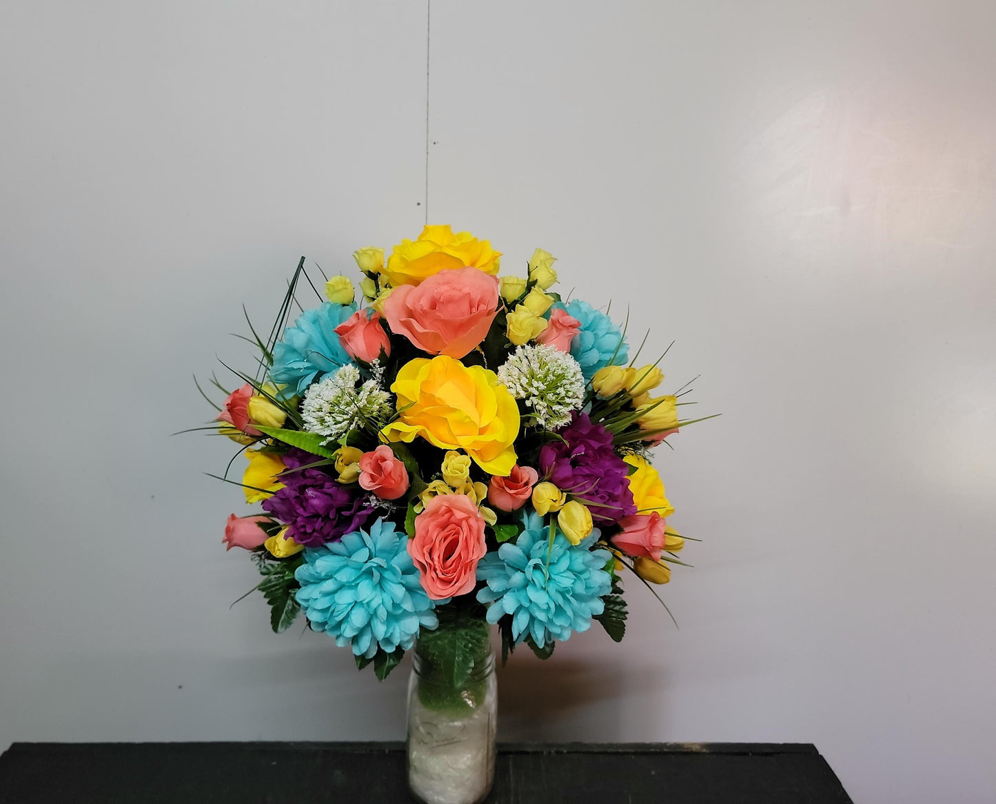 Easter Cemetery Vase Flowers, Memorial Flowers by Southern Edge Style , Coral and yellow roses