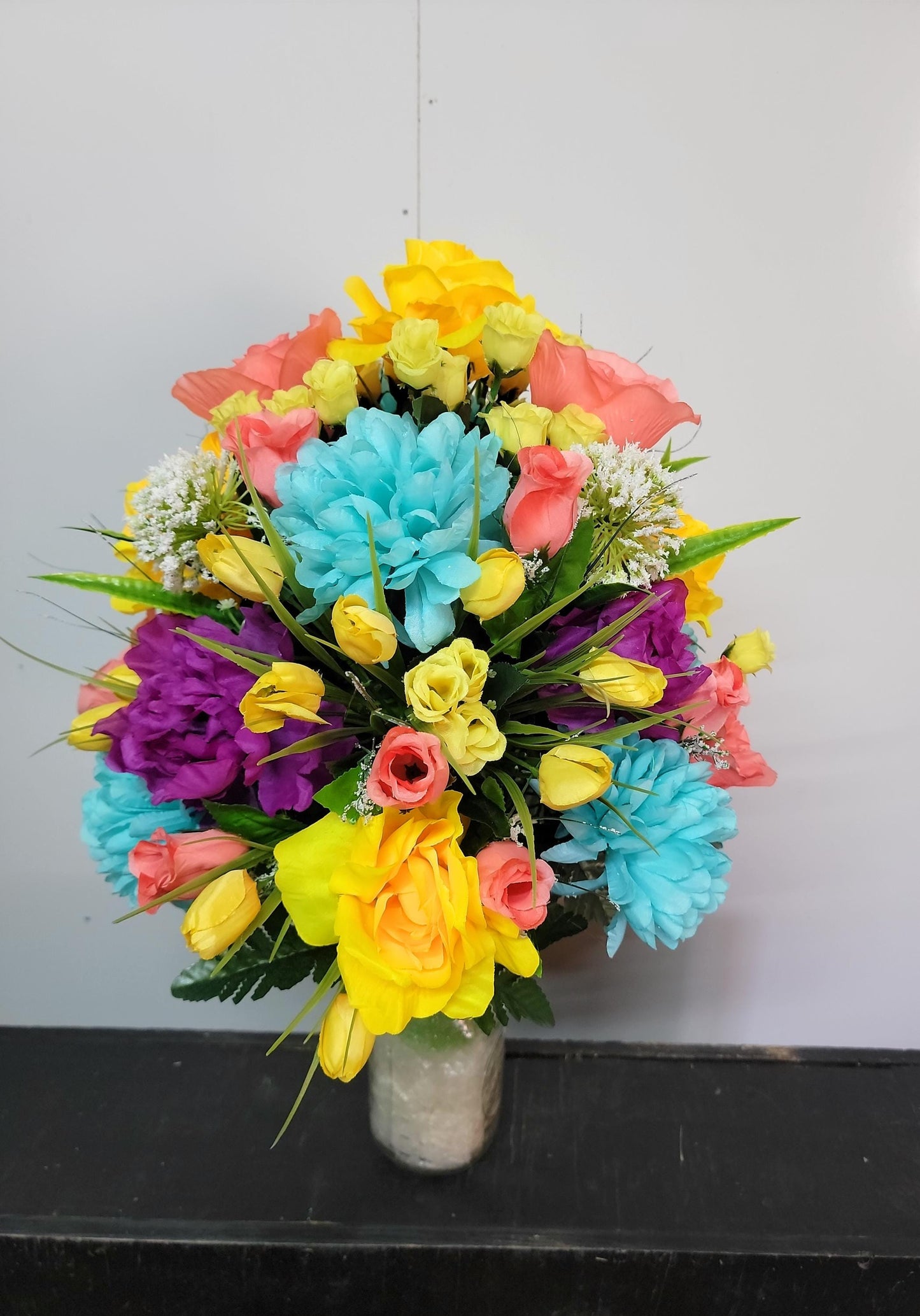 Easter Cemetery Vase Flowers, Memorial Flowers by Southern Edge Style , Coral and yellow roses