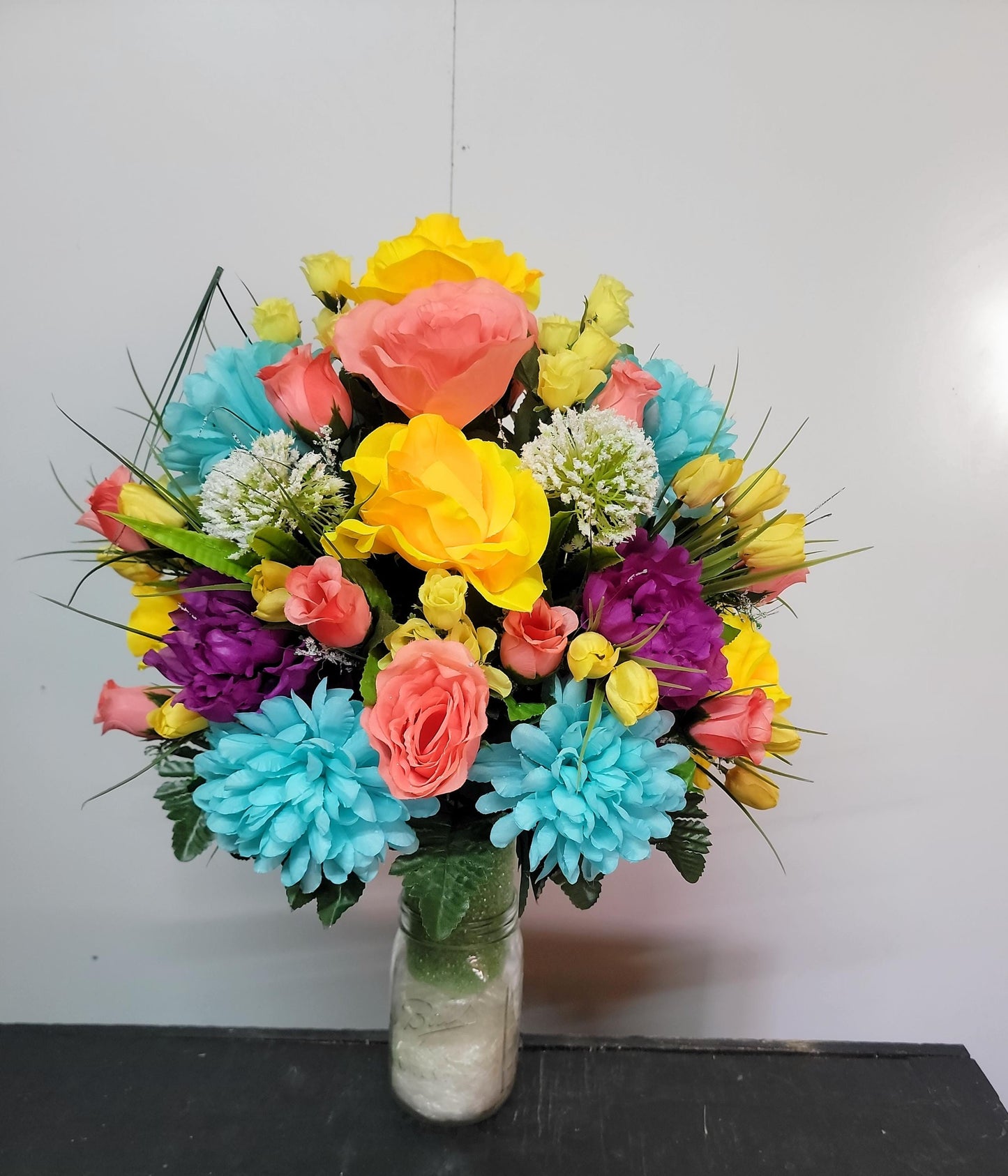 Easter Cemetery Vase Flowers, Memorial Flowers by Southern Edge Style , Coral and yellow roses
