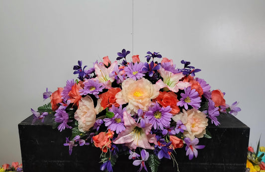 30" Pale Pink and Coral Cemetery Saddle, Spring Grave Saddle, Headstone Flowers, Memorial Flowers