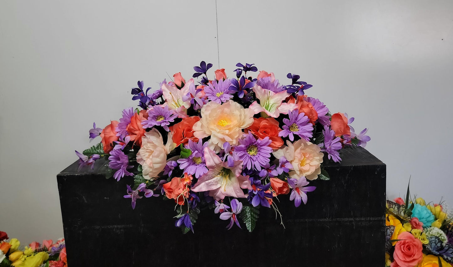 30" Pale Pink and Coral Cemetery Saddle, Spring Grave Saddle, Headstone Flowers, Memorial Flowers