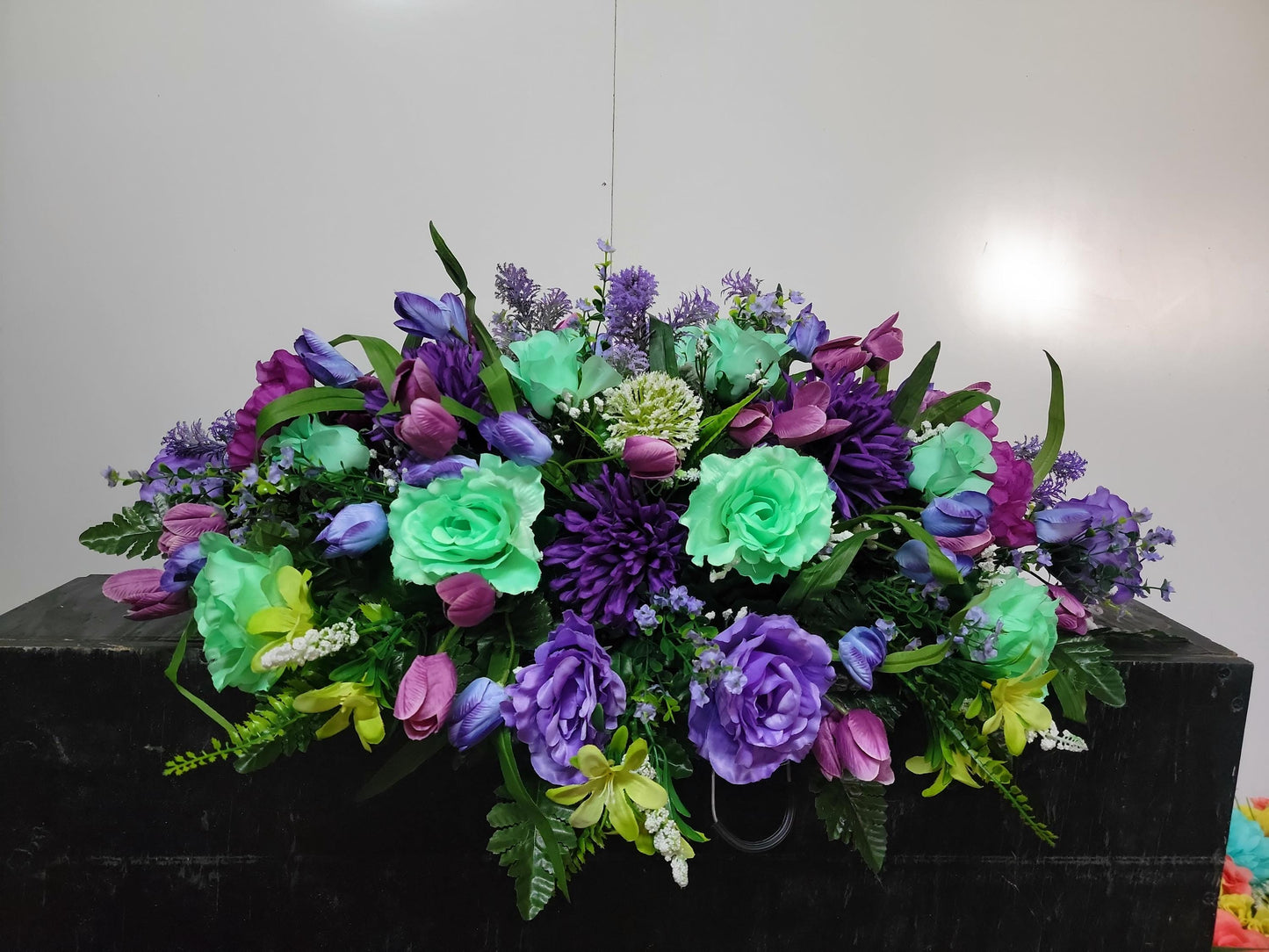 Cemetery Saddle 28"  Mint Green  and Purple Cemetery Flowers Saddle, Spring Grave Saddle, Headstone Flowers, Memorial Flowers