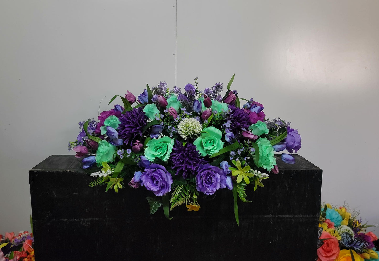 Cemetery Saddle 28"  Mint Green  and Purple Cemetery Flowers Saddle, Spring Grave Saddle, Headstone Flowers, Memorial Flowers