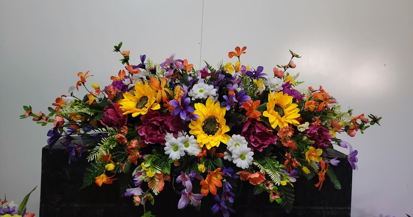 Sunflower Beauty Headstone Cemetery Saddle • Extra Large Headstone Flowers, • Spring Cemetery Flowers Grave Blanket