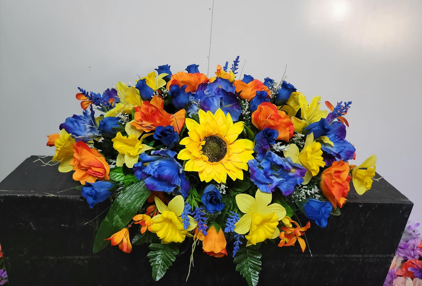 Blue Iris Daffodils Cemetery Saddle, You are my sunshine,   Headstone topper, Cemetery Flowers Saddle, Spring Cemetery Flowers