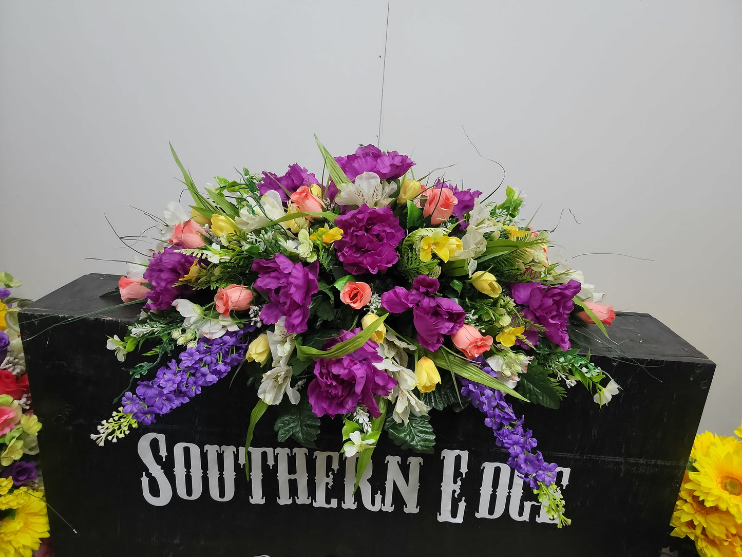 Spring Wildflower Headstone Saddle 28&quot; Cemetery Saddle Yellow mini tulips purple peonies dogwood Saddle or grave pillow Memorial Flower