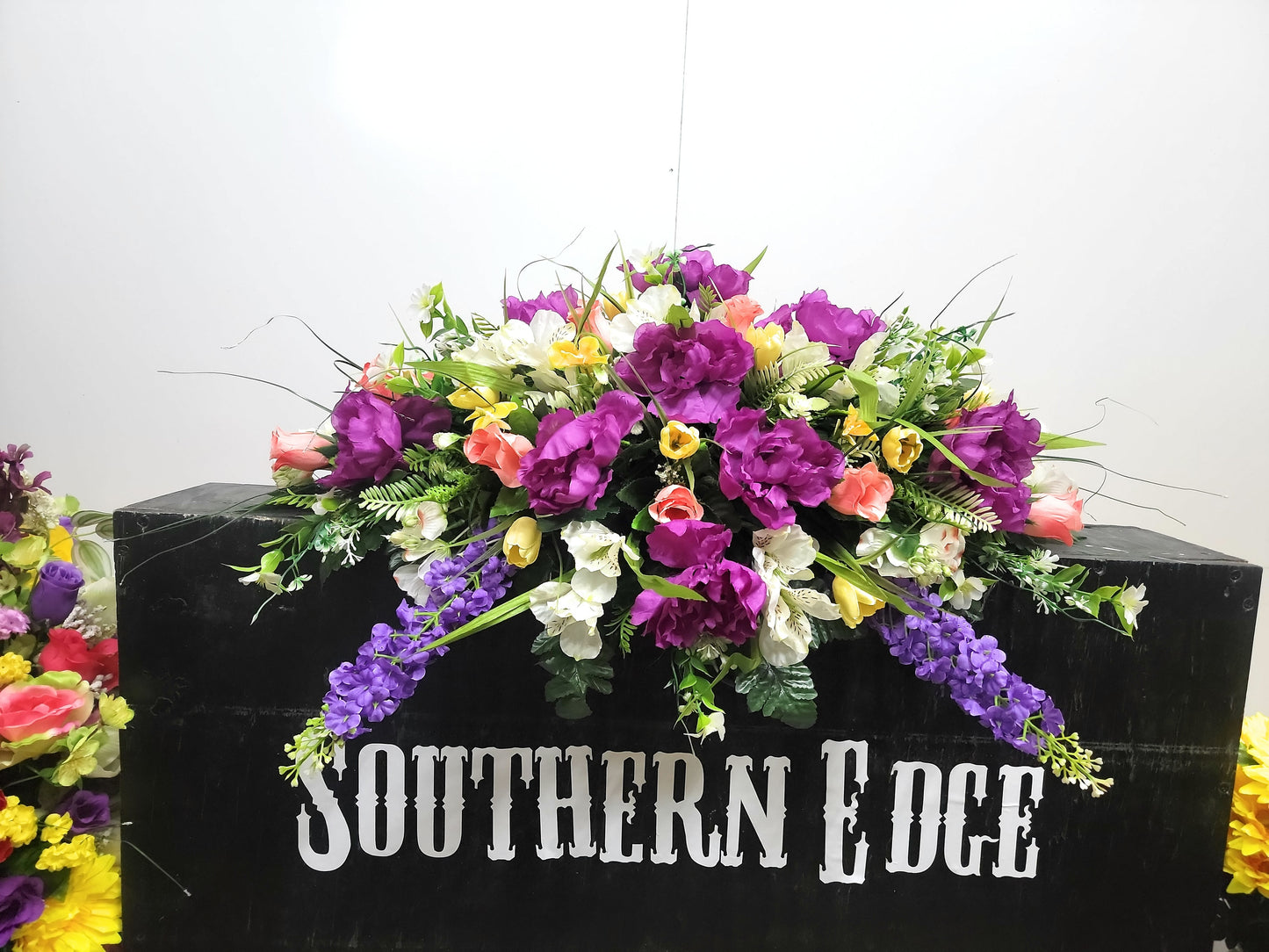 Spring Wildflower Headstone Saddle 28&quot; Cemetery Saddle Yellow mini tulips purple peonies dogwood Saddle or grave pillow Memorial Flower