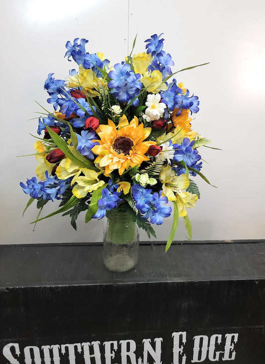 Cemetery Flowers Spring Small Wildflower Cone for 3 inch Vase sunflowers red tulips blue Cemetery Vase Arrangement Memorial Day