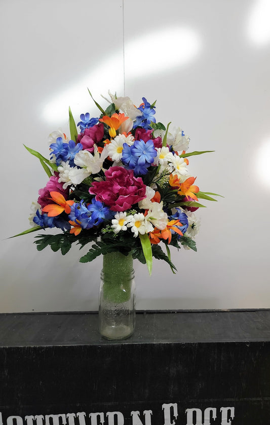 Cemetery Flowers Spring Small Wildflower Cone for 3 inch grave vase  blue orange white daisies peonies Cemetery Vase Flowers Memorial Day