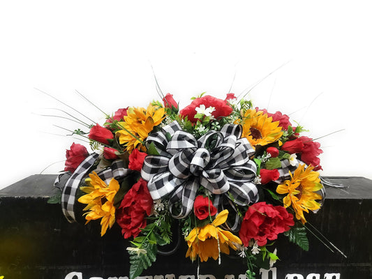 Cemetery Flowers 24&quot; Small Cemetery Saddle for a single stone Red peonies and Yellow Sunflowers